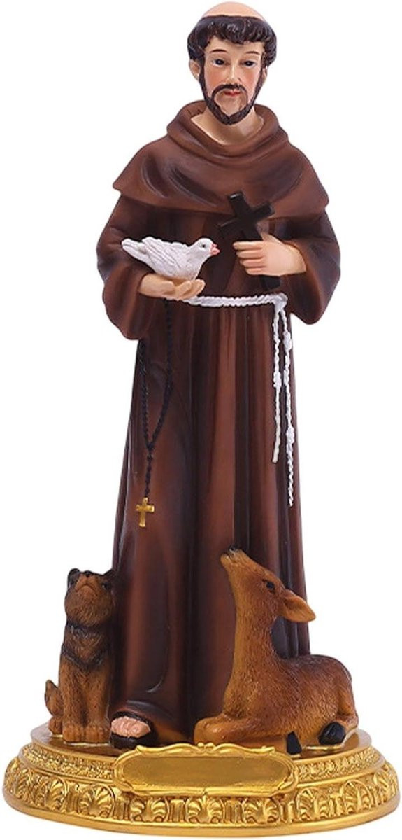 Religieus beeld Sint Franciscus van duurzaam hars in bruin, 32 cm lengte