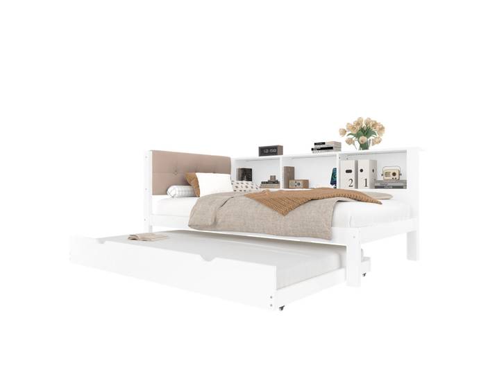 Flieks Tagebett 90x200cm Weiß Kiefer Ausziehbett LED-Leiste USB Regal, Holz, 90x200 cm, Schlafzimmer, Betten