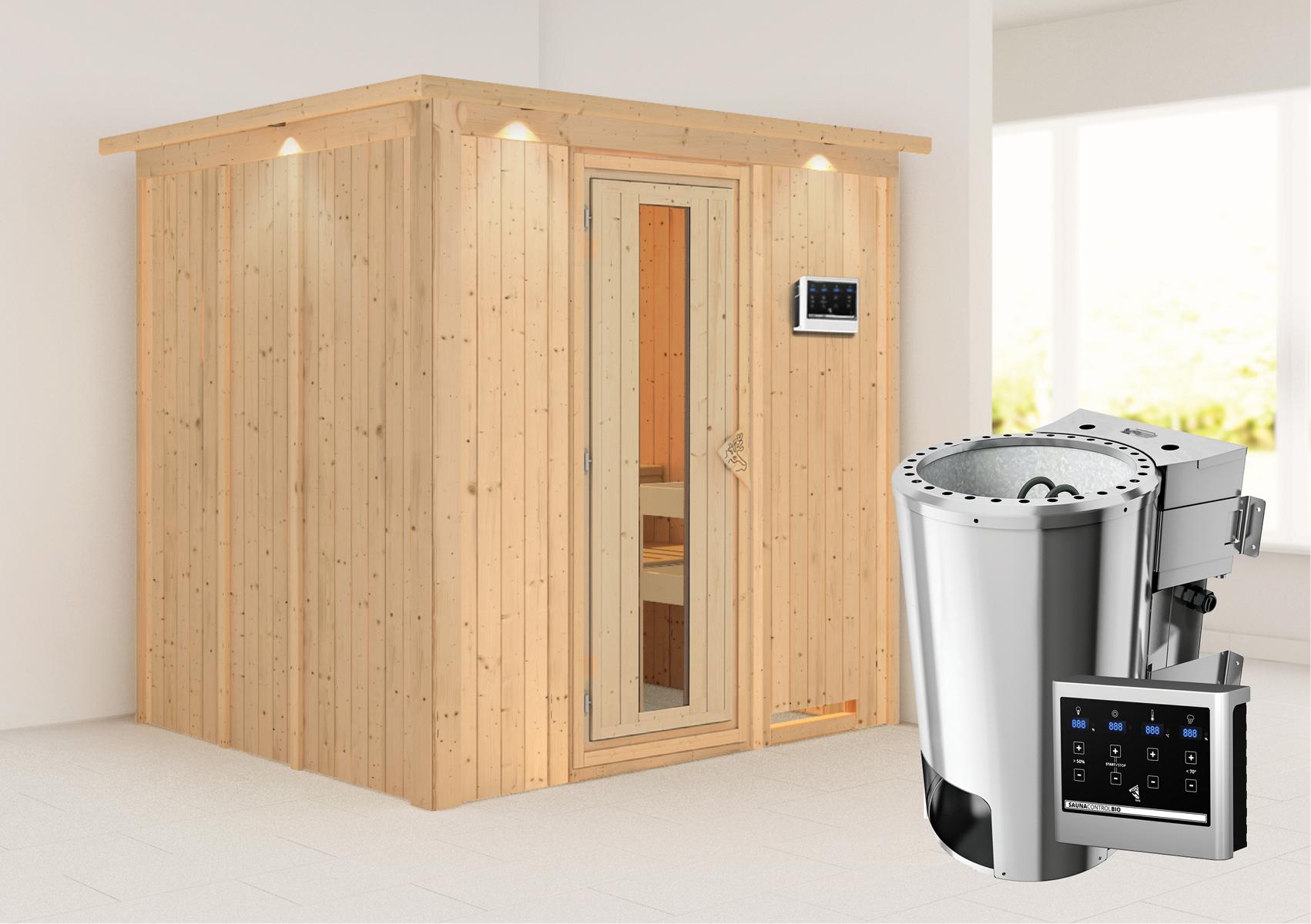 KARIBUHOLZT Sauna Daria Front 3,6kW Bio ext. S m.Isoliertür u.Dachkran 16880049