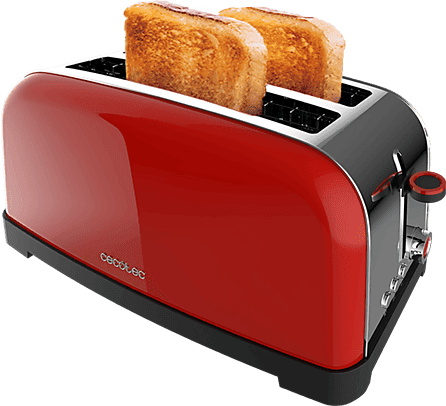 Tostadora - Cecotec Toastin’ time 1500 Red Lite, W, Doble ranura larga, 4 tostadas, Ranura ancha 3,8 cm, 7 niveles, Acero inoxidable, Rojo