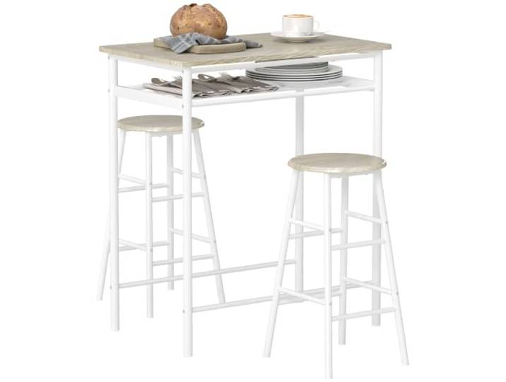 HOMCOM Bartisch Set mit 2 Barhockern mit Lagerregal für Esszimmer Weiß