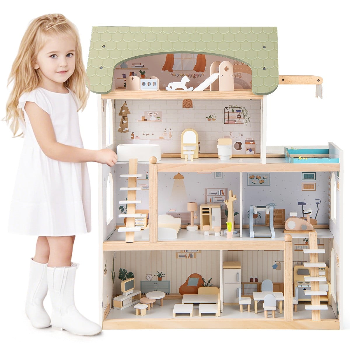 Costway Houten Poppenhuis voor Kinderen met 33 Meubels, Balkon en Zwembad, Lichtgroen
