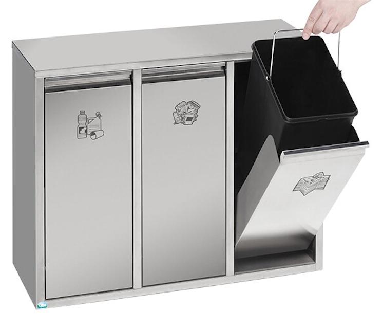 Wertstoffsortiersystem mit 3 Klapptüren | Stand- oder Wandbefestigung | 36 Liter, HxBxT 57x70,5x27cm | Edelstahl