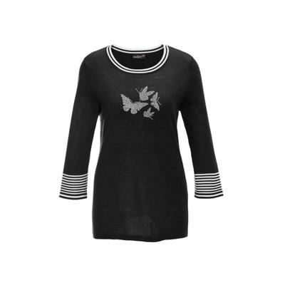 Rundhalspullover GOLDNER "Kurzgröße Herbstpullover mit Schmetterlingsprint", Damen, Gr. 21, schwarz (schwarz, weiß), Obermaterial: 100% Polyacryl PAN., weit Sonstiges, Pullover Rundhalspullover, geringelte Ärmelabschlüsse