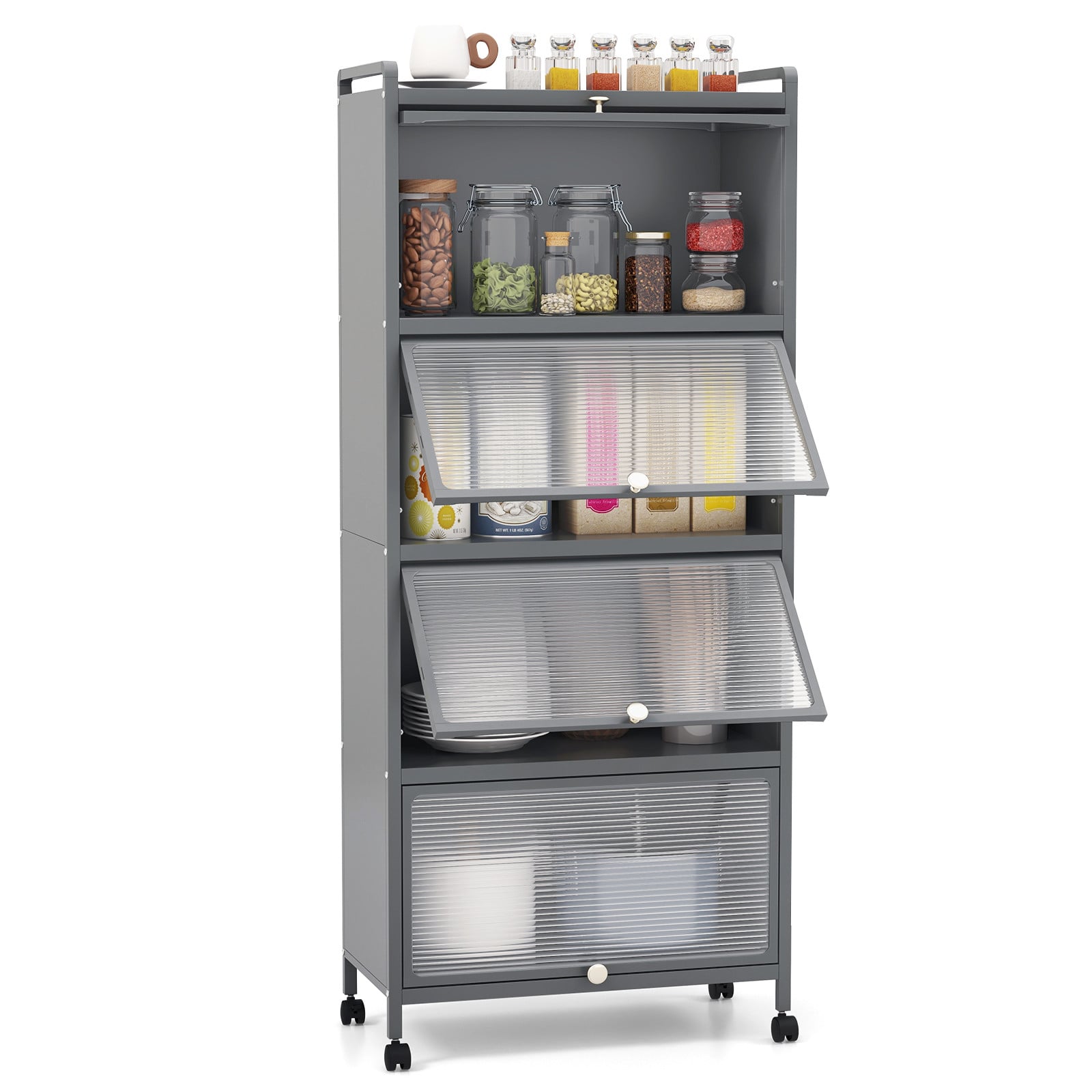 Costway Hoge keukenkast met 5 niveaus en wielen, grijs