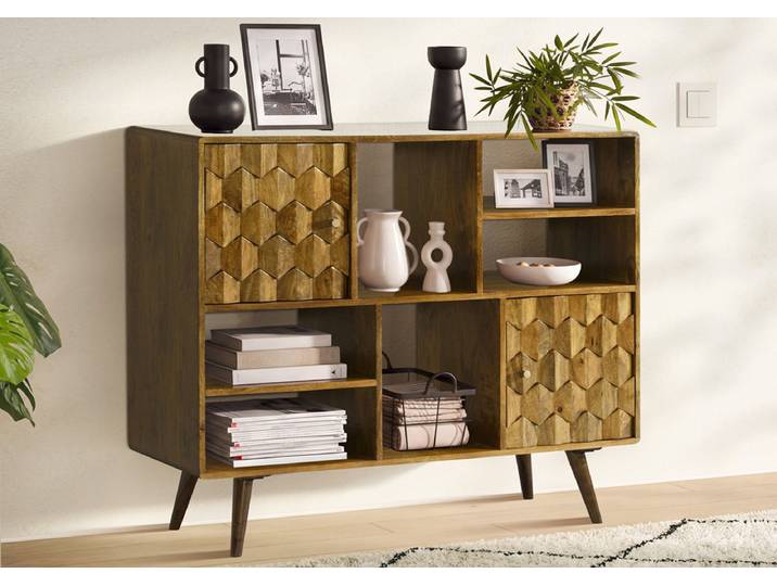 Standregal 120x100cm 'Kalani' Mango massiv Füße braun oder goldfarbig