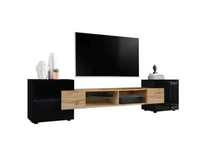 Komodee Lowboard Merano Black, Schwarz, Eiche Wotan, Schwarz, 4 Fächer, Rechteckig, 230x52.5x35 cm, Wohnzimmer, TV Möbel, Lowboards, Lowboards stehend