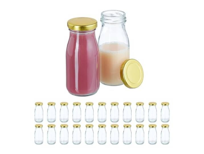 Relaxdays Set huile vinaigre\, 24 bouteilles en verre\, avec bouchon hermétique\, pour smoothies\, jus\, lait\, transparent/or
