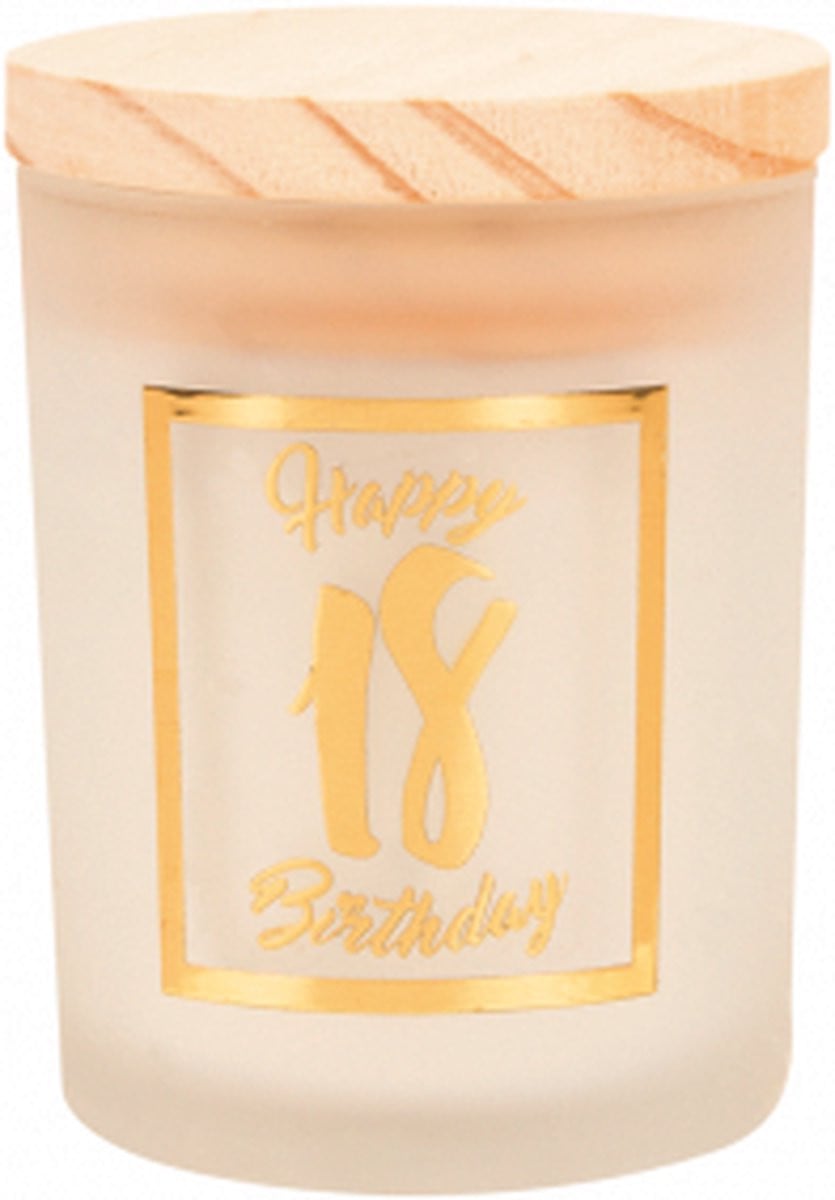 Geurkaars Happy Birthday 18 jaar - Wit/goud - In cadeauverpakking