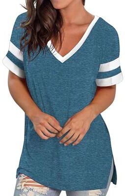 Uplift Essentials Spring Summer V Neck Short Sleeve Loose Solid Color Women T Shirt l blue