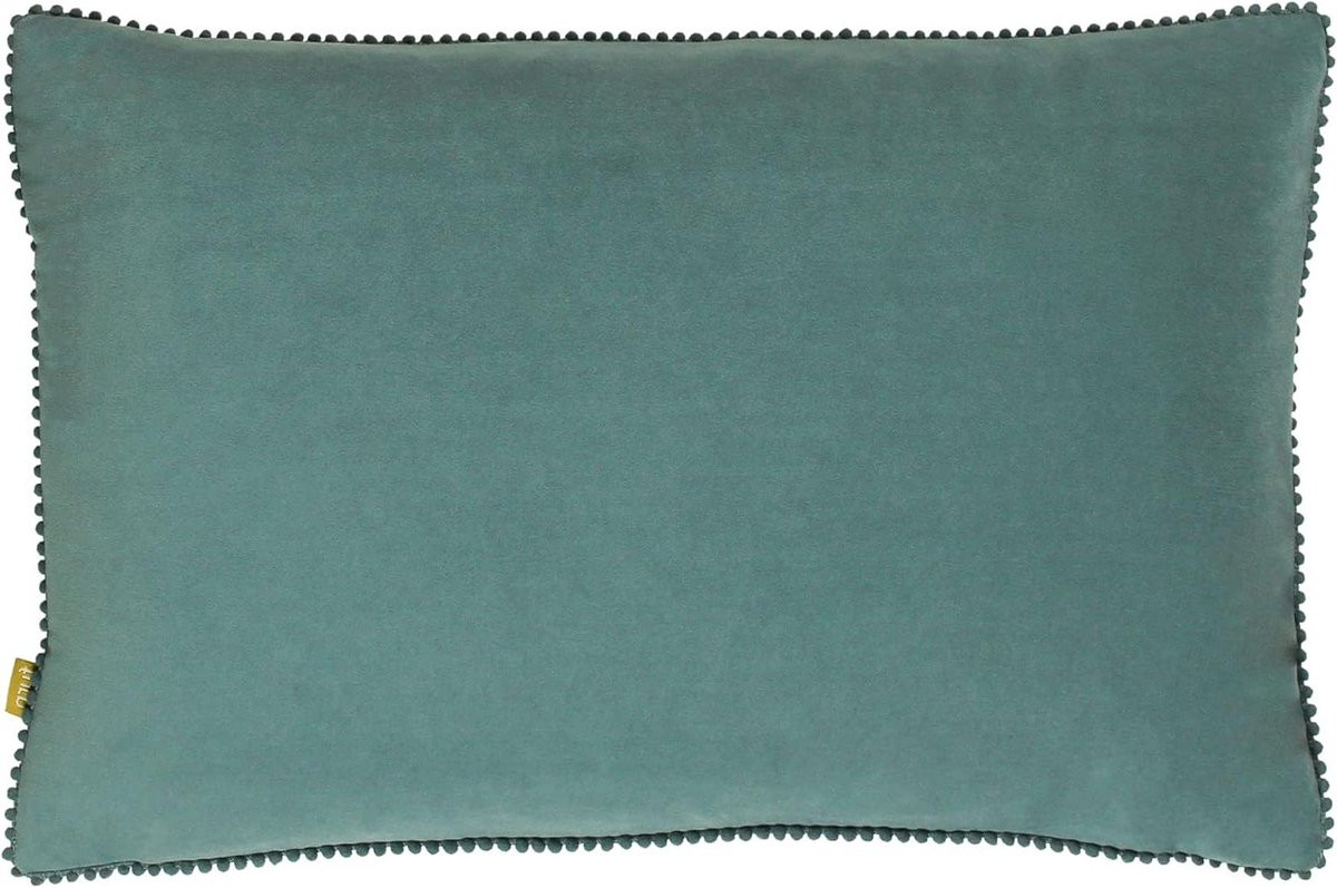 Decoratief blauw kussen met veren en pompon trim, 30 x 50 cm