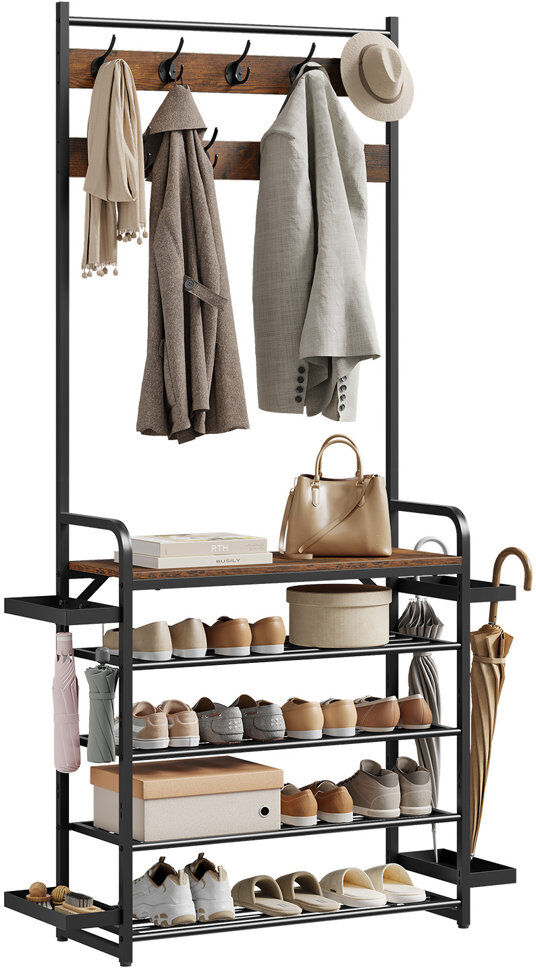 Rio 4-in-1 Coat Stand with Shoe Rack and Umbrella Stand, Coat Rack for Hallway/Bedroom, 30x190 cm, Engineered Wood Top Panel and Metal Frame, Rustic Brown Brown/Black