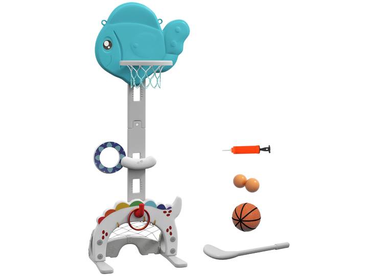 AIYAPLAY Kinderbasketbalkorf 5-in-1, in hoogte verstelbaar 134-152 cm, met basketbal, pomp, voetbaldoel en golfset, indoor & outdoor
