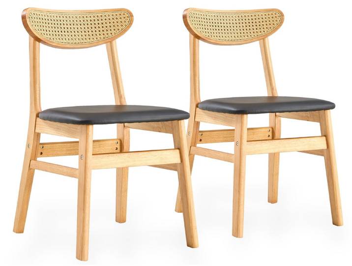 SeedWave Esszimmerstuhl 2er Set Küchenstuhl mit Rückenlehne in Rattanoptik, Kunstlederbezug, Massivholzstuhl im Skandinavischem Design