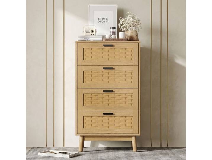 Rotin Commode Chambre Armoire avec 4 tiroirs décorés en rotin Meuble de Rangement avec Pieds en Bois Entrée Chambre d'enfant