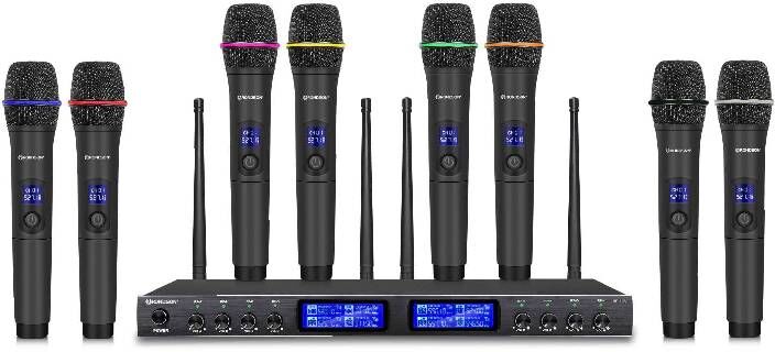 Rondson Récepteur UHF BE-180 avec 8 micros à main (607.1 - 687.1 MHz) Système UHF 8 canaux avec 8 micros pensé pour les usages intensifs et