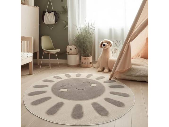 Paco Home Kinderzimmer Moderner Kinderteppich Robuster Spielteppich 3D-Effekt Naturtöne Weiche Schlingenstruktur Pflegeleichtes Sonnen-Motiv, Grösse:160 cm Rund, Farbe:Creme (Sonne)