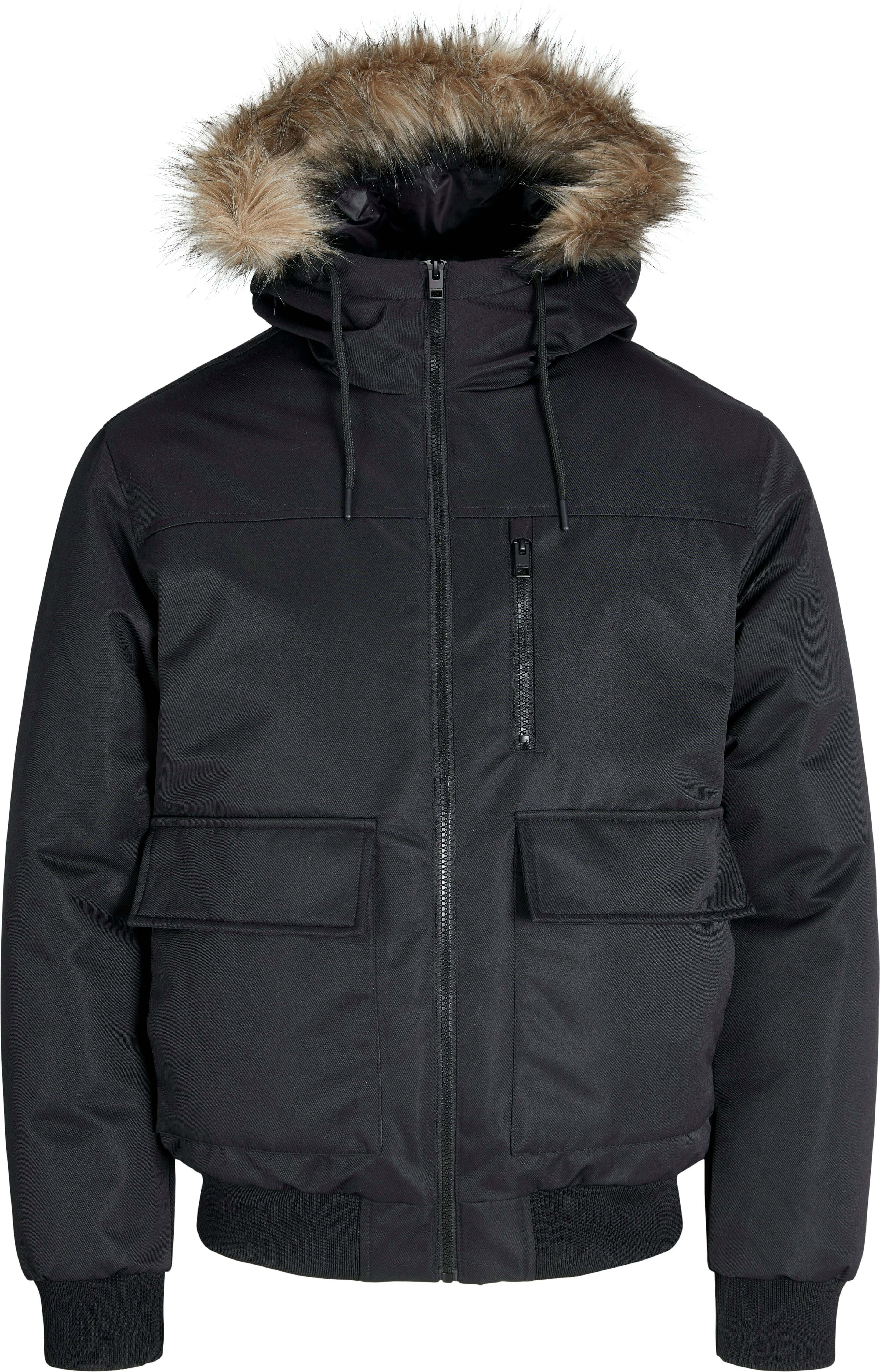 Bomberjacke JACK & JONES "JJCHARLIE DETACHABLE FAUX FUR BOMBER", Herren, Gr. XL, schwarz, Web, Obermaterial: 100% Polyester, unifarben, regular fit, Jacken Bomberjacke schwarz XL