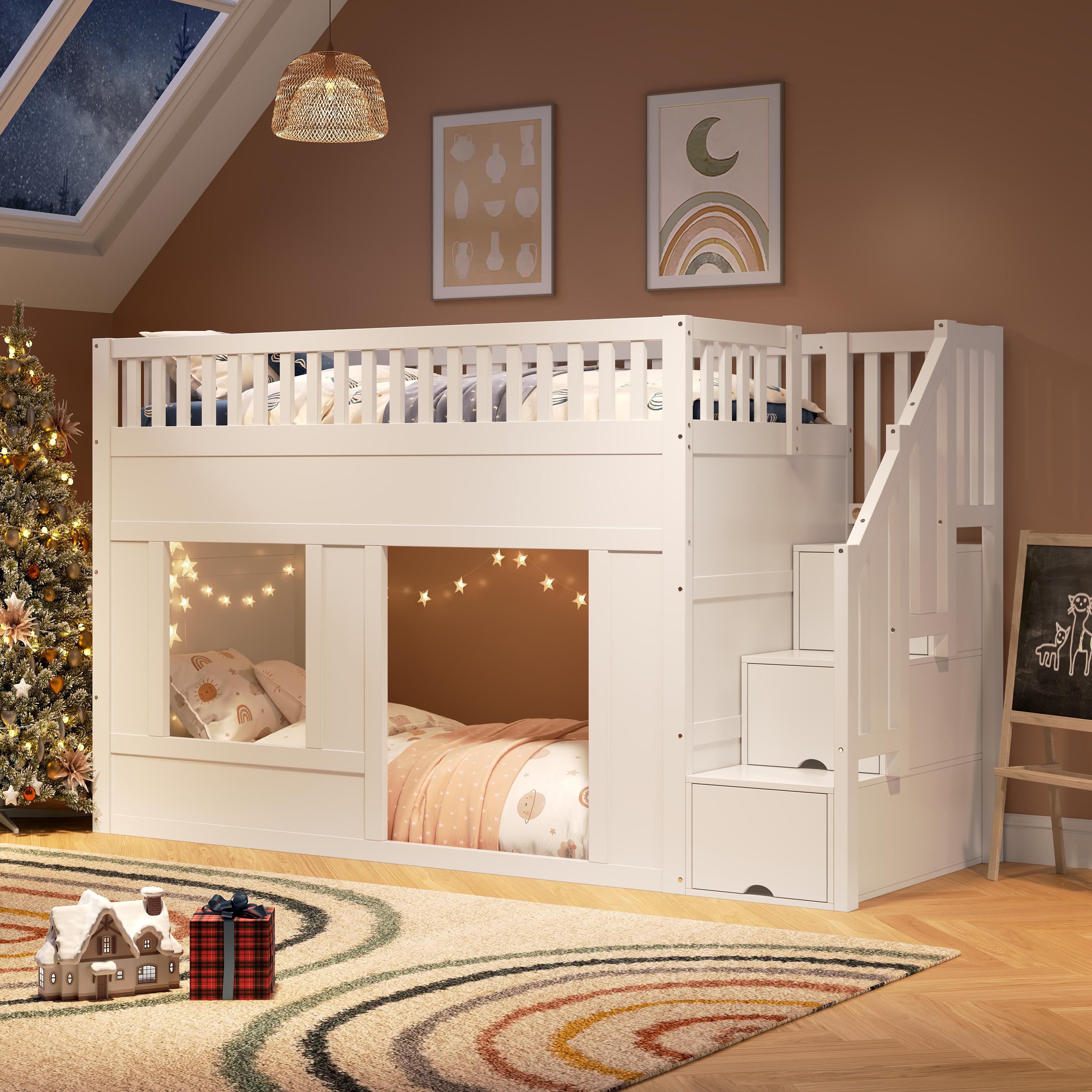 Kinderbett Etagenbett Hochbett 90 x 200 cm, multifunktionales Holzbett mit Treppenschrank und variablem Spielbereich in Weiß