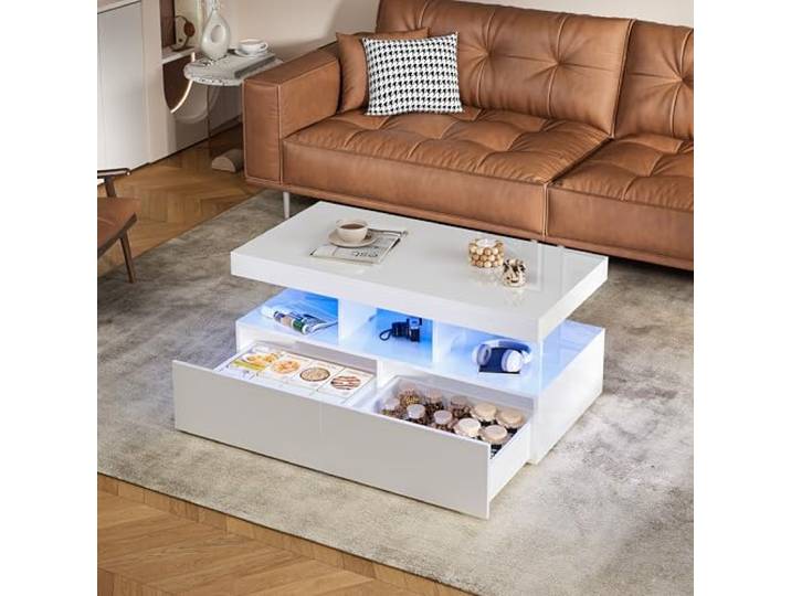 DAHUEN Hochglanz Couchtisch mit LED Beleuchtung, Wohnzimmertisch mit Offenem Ausstellungsregal und 2 Schublade (Weiß)