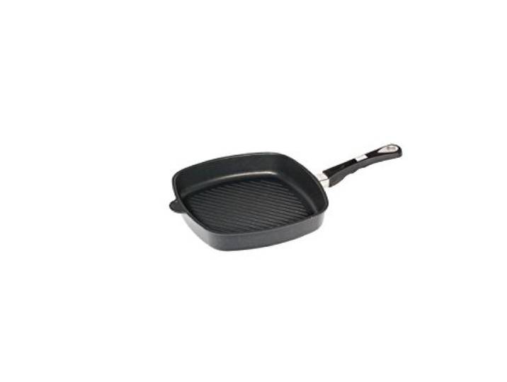 AMT Gastroguss Eckpfanne 28 x 28 cm, 5 cm hoch, mit Grillboden, fester Stiel, induktionsgeeignet, Lotan® Antihaft-Veredelung, Gusspfanne (Aluguss), AMZN-I-E285G