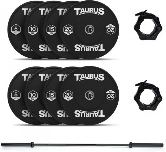 Taurus 100k g Black Bumper Olympic Weight Set with 20 kg Black Barbell