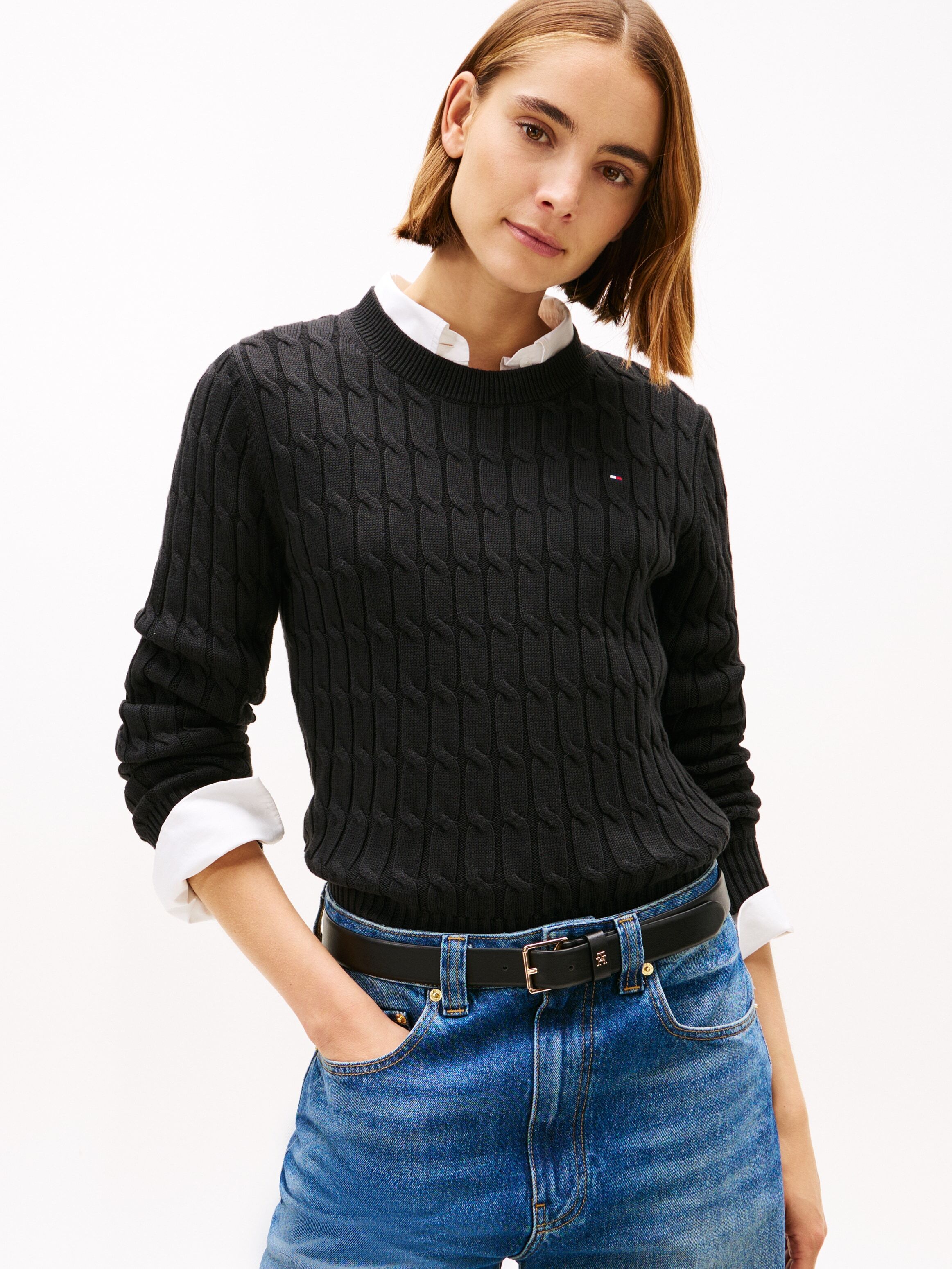 Tommy Hilfiger "CO CABLE MID GG C-NK LS SWT" mit Zopfmuster schwarz XS (34)