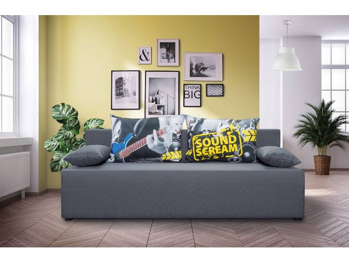 3-Sitzer EXXPO - SOFA FASHION Tabou Sound Scream Schlafsofa Breite 193cm , grau (grau, gelb), B:193cm H:88cm T:85cm, Sofas, 3-Sitzer, mit Schlaffunktion und Bettkasten, inkl. loser Zier- und Rückenkissen
