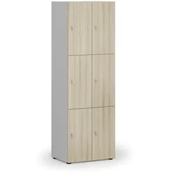 Holzspind S4 mit Ablagefächern, 6 Fächer, zerlegt, Zylinderschloss, grau/Eiche natur