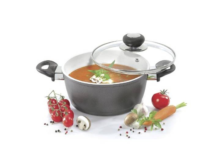 Krüger Aluguss Keramiktopf Ø 24 cm (3,5 L) Induktion PTFE-& PFOA frei Weiße Keramik-Versiegelung Backofenfest bis 180°C Hohe Kratzfestigkeit Glasdeckel Für Familienportionen