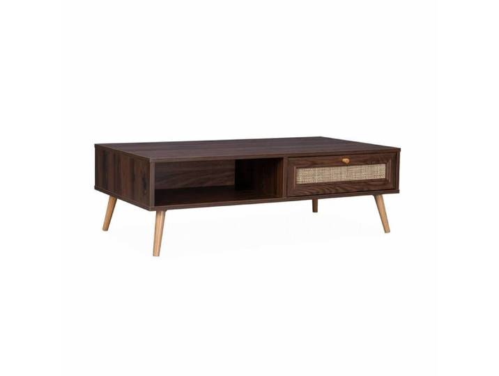Table basse en cannage 110x59x39cm - Bohème - couleur bois foncé. 1 tiroir. 1 espace de rangement. pieds scandinaves