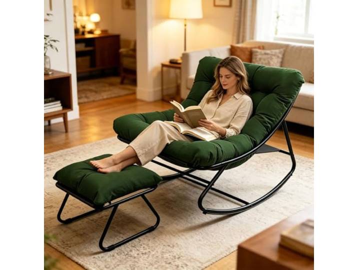 Luestysi Schaukelstuhl mit fußstütze, Outdoor Schaukelstuhl, Outdoor Lesesessel, Gepolsterter Schaukelstuhl fürs Wohnzimmer, bis 150 kg Belastbar, für Garten, Schlafzimmer, Terras (Grün)