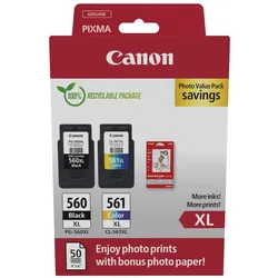 Canon Original PG-560XL + CL-561XL Druckerpatronen Value Pack - 1 x schwarz / 1 x farbig + 50 Blatt Fotopapier