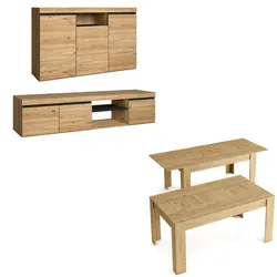 SKRAUT HOME Natural Dining Room Set, Credenza-mobiler Fernseher 160cm-ausziehbarer Tisch Eiche/Schwarz _ SETNAT160EXT