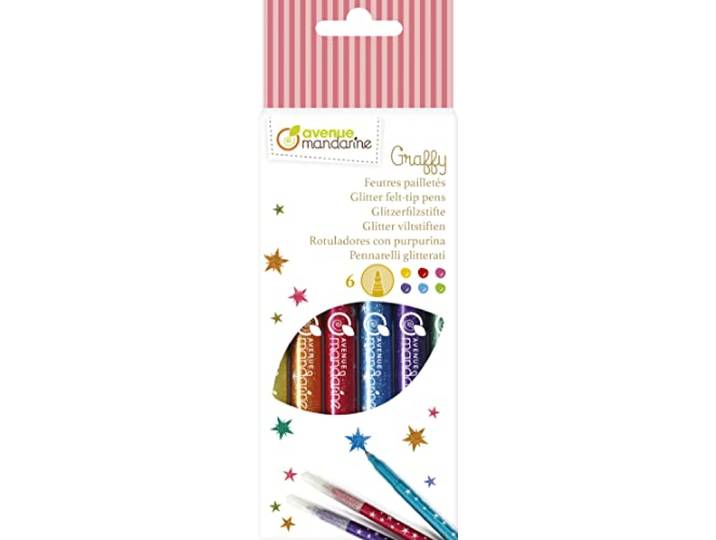 Avenue Mandarine CC029O verpakking met 6 glitterviltstiften, ideaal voor knutselprojecten, afwasbaar, met glitter, 1 verpakking