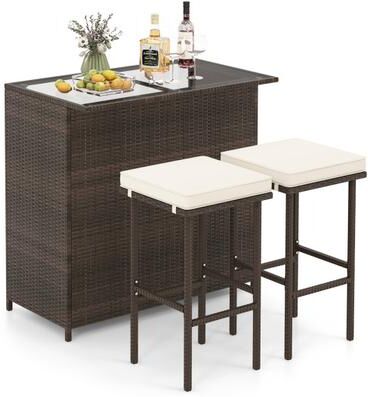 Costway 3-piece Rattan Wicker Bar Table Stools Dining Set Cushioned Chairs