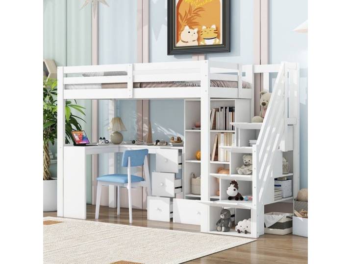 Lit sous bureau enfant - 90x200 - Pin blanc - Bureau intégré - Rangement - EN747