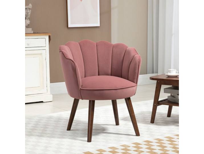 Fauteuil lounge - Coquillage - Dossier lotus - Velours rose - Pieds bois hévéa