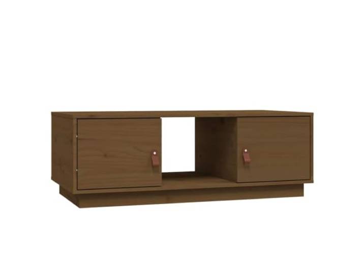 KUTYWEXFM Couchtisch 100x50x35 cm Massivholz Kiefer Honigbraun Funktionaler Wohnzimmertisch mit offenen Fächern für Magazine und Fernbedienung, im warmen rustikalen Holzdesign.