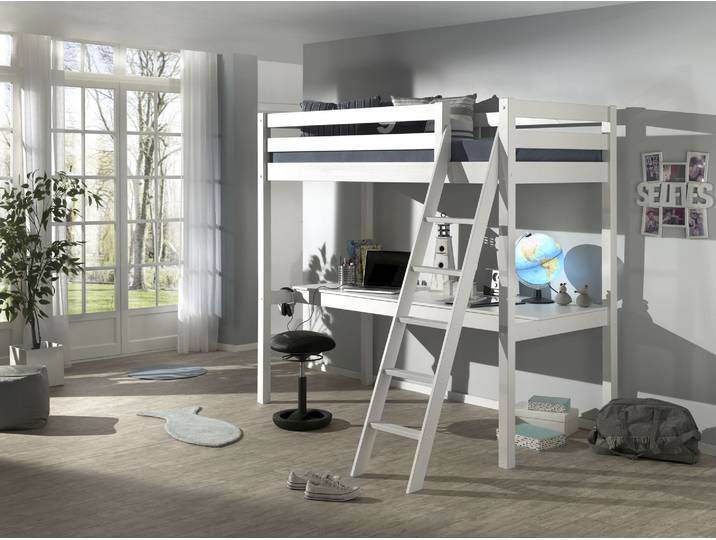 Hochbett VIPACK Pino, Kiefer massiv, sehr standfest, Made in Europe, mit Sessel , weiss (weiß), B:164,5cm H:190cm L:209cm, Hochbetten, Hochbett, inkl. Rolllattenrost, Absturzschutz, 2 Breiten zur Auswahl
