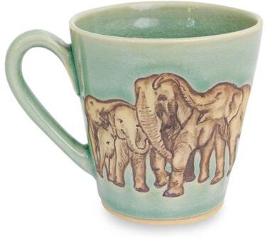 Novica Handmade Cozy Family Celadon ceramic mug (Thailand)