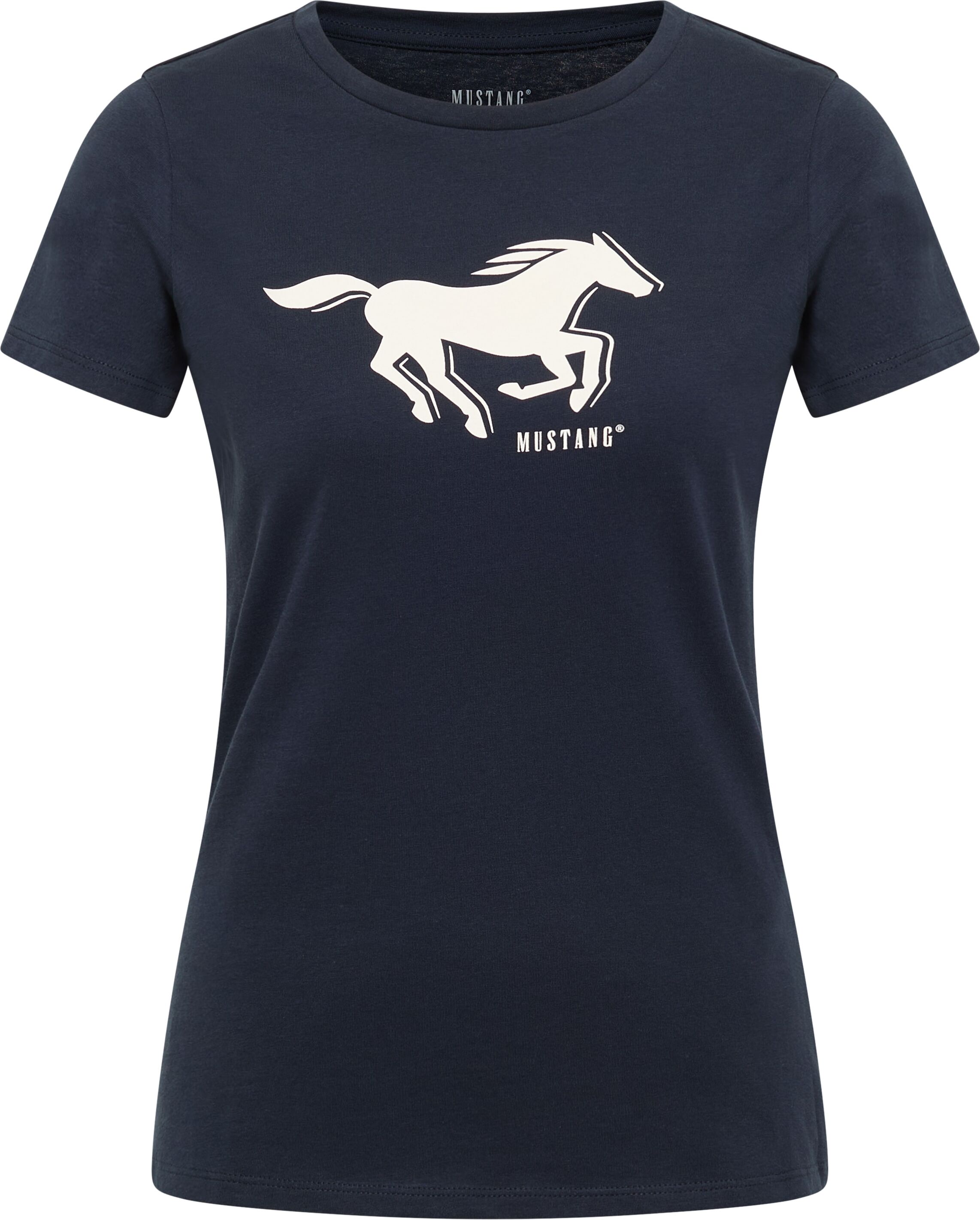 T-Shirt MUSTANG "MU-Loa", Damen, Gr. L, blau (schwarz saphire), Single Jersey, Obermaterial: 100% Baumwolle, figurbetont normal, Rundhals, Shirts T-Shirt, Figurbetonende Passform schwarz saphire L
