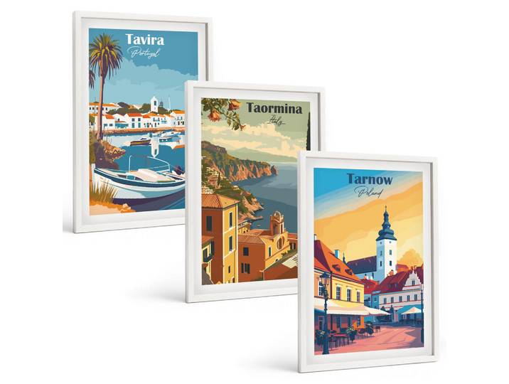 Tulup Bilder SET 3er Set - 40x60 cm Weißer Rahmen - Ansichten von Küstenstädten, Kunststoff, Rechteckig, 40x60 cm, einfache und schnelle Anbringung, Bilder & Rahmen, Bilder