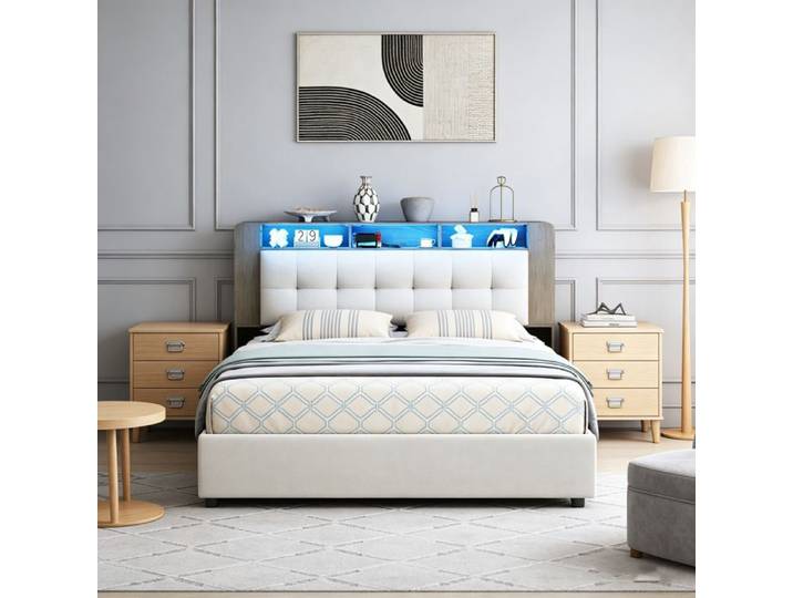 Lit coffre 140x190 - POCKETPOP - Velours blanc cassé - Avec sommier - éclairage LED - 2 places
