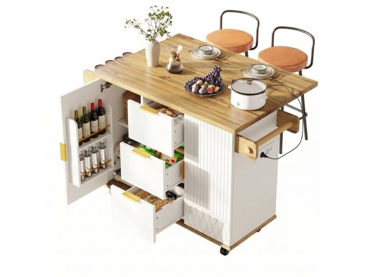 Meuble desserte cuisine avec connexion électrique et tabourets de bar ergonomiques îlot mobile blanc effet bois