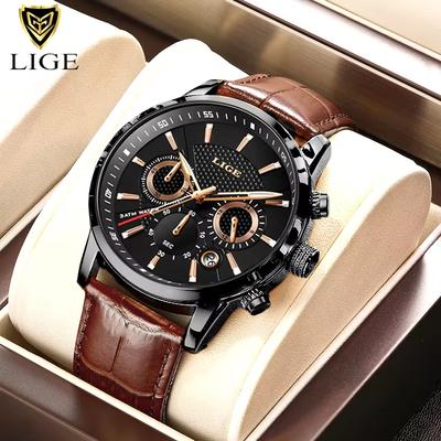 Youfap Market LIGE Luxury Men's Leather Watch Waterproof Quartz Sport Timepiece red Black