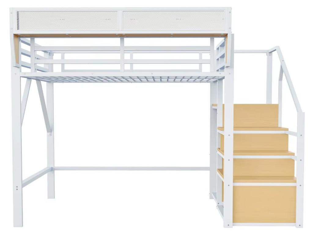 Metall-Hochbett - Kinder- und Erwachsenenbett - 90 x 200 cm - Weiß - Sicherheitsleiter - Stauraum - Stabiler Rahmen