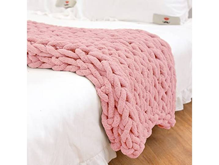 PRELGOSP Strickdecke Grob Handgefertigt Gestrickte Kuscheldecke, Weicher Wolldecke Strick für Haustier Bett Stuhl Sofa,Rosa,150x200cm