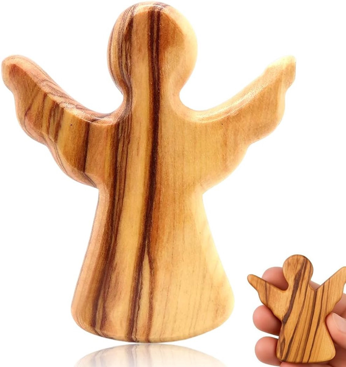 Handgemaakt beschermengel figuur van olijfhout - Bethlehem geluksbrenger