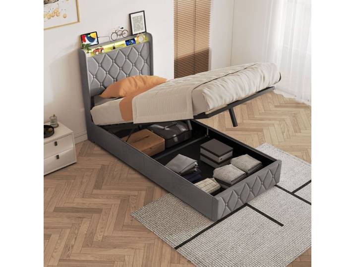 ADWOLT Lit rembourré 90x200 LED et USB Lit de rangement à vérin lit simple en velours gris foncé